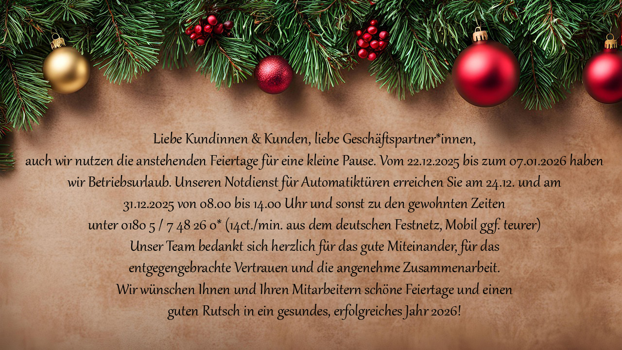 Weihnachten 2025 Groebmiller Türautomatik, Tore und Antriebe, Brandschutztüren